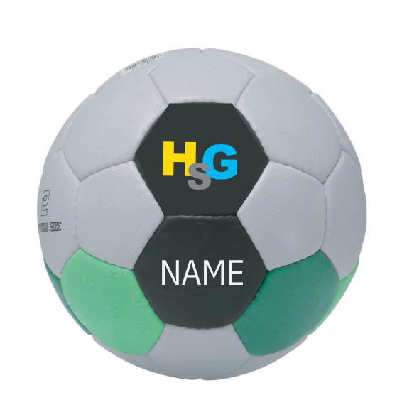 Handball in Grau und Grün mit HSG-Logo und individuellem Namensaufdruck